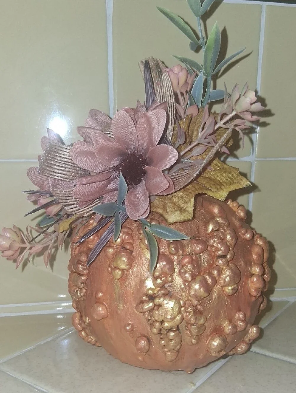 Dried Orange Decorative Pumpkin with Pink Floral Accent